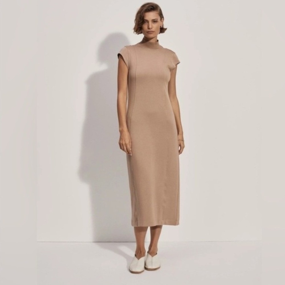 Varley Taunton Midi Dress Beige Mock Neck Duo Jersey VAR01832 XS